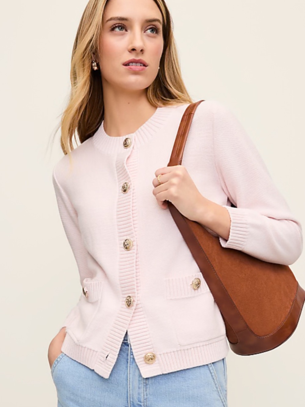 ANN TAYLOR Pink Blush Haze Crew Neck Button Cardigan L Large NWT $129